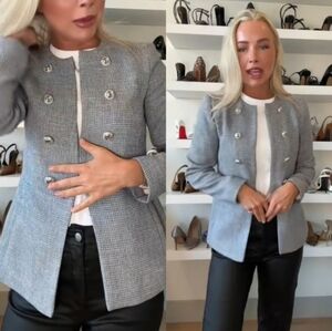 Zara Gray Tweed Double-Breasted Pearl Button Blazer Jacket